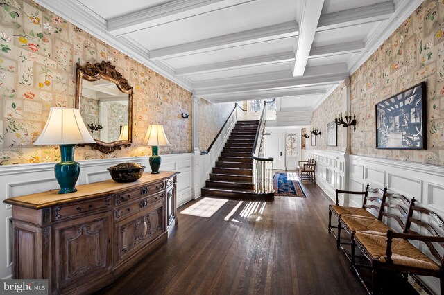 3 Devon Hill Rd Unit D4, Baltimore, MD 21210 - hall with wallpapered walls, stairway, beamed ceiling, dark wood finished floors, and crown molding