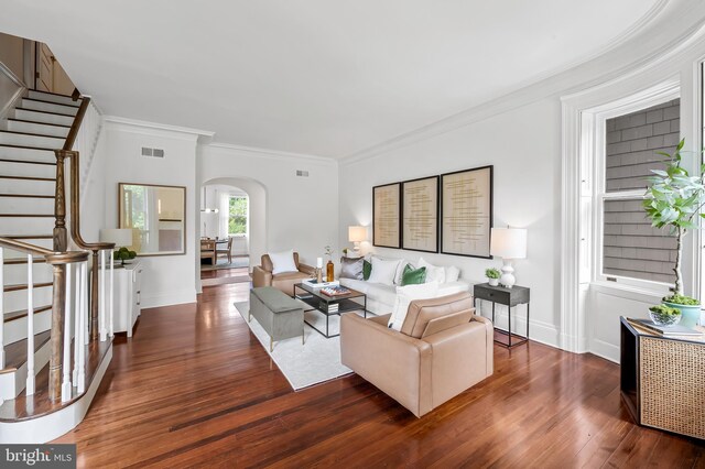 3 Devon Hill Rd Unit D4, Baltimore, MD 21210 - living area featuring arched walkways, stairway, ornamental molding, wood-type flooring, and baseboards