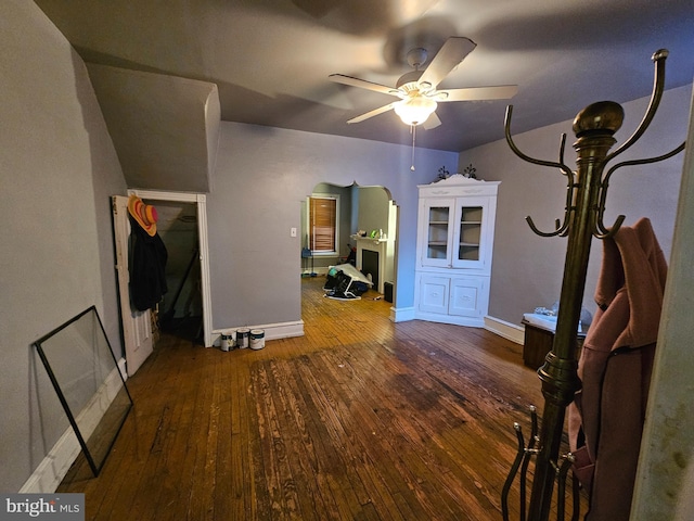 5541 Race St, Philadelphia, PA 19139 - foyer featuring baseboards, a ceiling fan, hardwood / wood-style flooring, and arched walkways