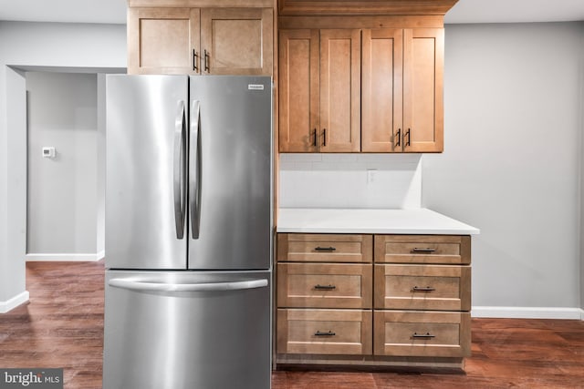 156 Dennis Ave, Browns Mills, NJ 08015 - kitchen with freestanding refrigerator, baseboards, dark wood finished floors, decorative backsplash, and light countertops