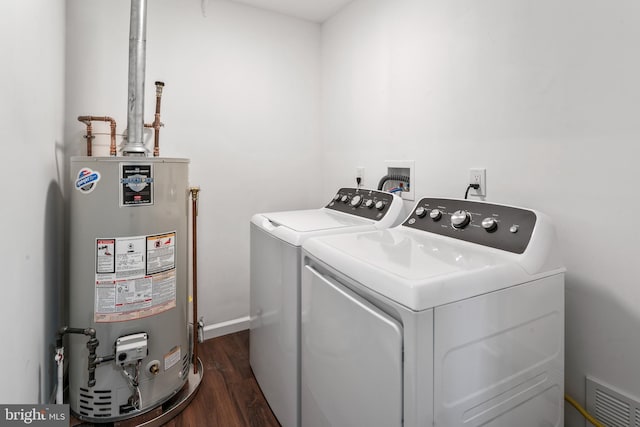 156 Dennis Ave, Browns Mills, NJ 08015 - laundry room with gas water heater, independent washer and dryer, dark wood-style flooring, and baseboards