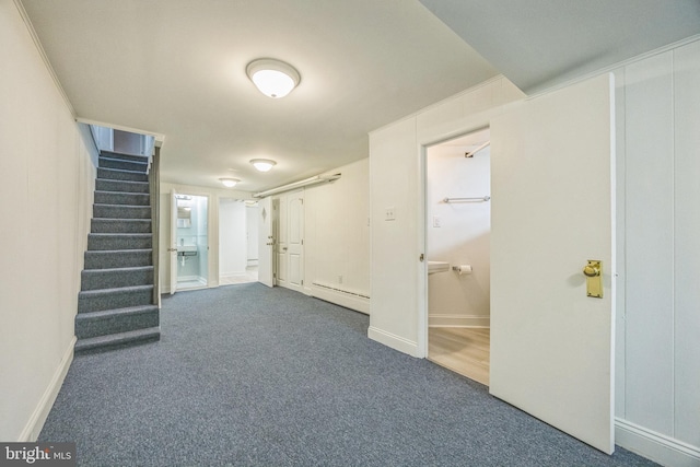 4441 Sherwood Rd, Philadelphia, PA 19131 - finished below grade area featuring stairway, dark carpet, baseboards, and baseboard heating