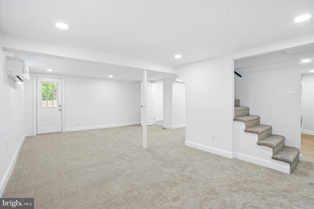 12 N Hawthorne Rd N, Middle River, MD 21220 - basement with a wall unit AC, recessed lighting, stairway, carpet floors, and baseboards