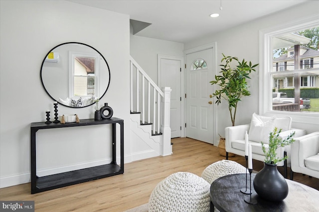 12 N Hawthorne Rd N, Middle River, MD 21220 - foyer with light wood finished floors, stairs, baseboards, and recessed lighting