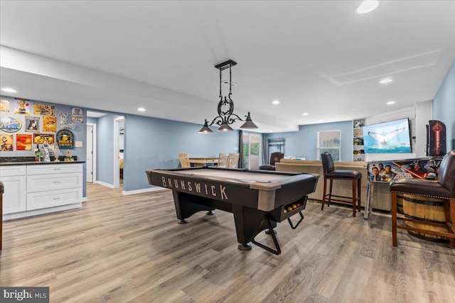 8051 Keystone Dr, Breinigsville, PA 18031 - playroom with a dry bar, billiards, light wood-style floors, recessed lighting, and baseboards