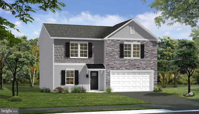 TBB Fontana Circle Whitehall Ii, Martinsburg, WV 25403 - traditional-style home with an attached garage, asphalt driveway, a front yard, a shingled roof, and stone siding