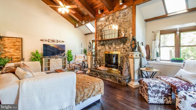11500 Golden Post Ln, Gaithersburg, MD 20878 - living area with dark wood-type flooring, a fireplace, wood ceiling with exposed beams, ceiling fan, and high vaulted ceiling