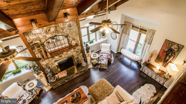 11500 Golden Post Ln, Gaithersburg, MD 20878 - living area featuring a ceiling fan, a fireplace, wood finished floors, and wooden ceiling with exposed beams