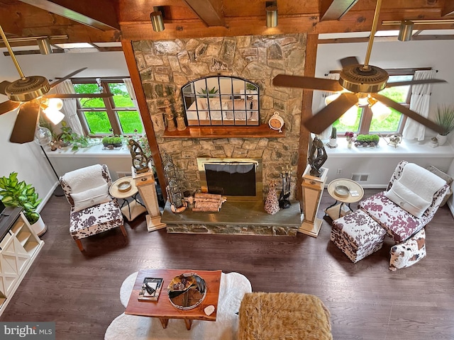 11500 Golden Post Ln, Gaithersburg, MD 20878 - living room with a ceiling fan, beam ceiling, wood finished floors, a fireplace, and baseboards