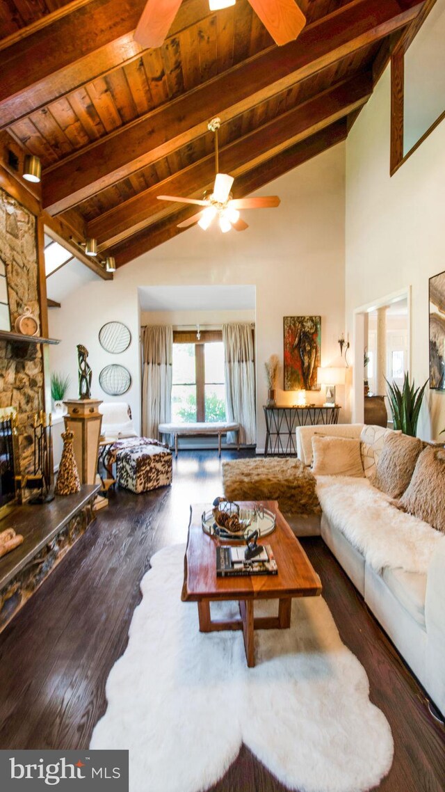 11500 Golden Post Ln, Gaithersburg, MD 20878 - living area with wood ceiling with exposed beams, ceiling fan, wood finished floors, a fireplace, and high vaulted ceiling