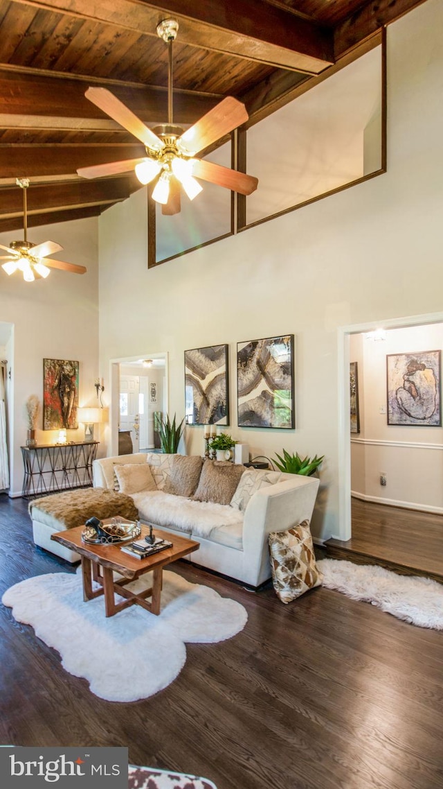 11500 Golden Post Ln, Gaithersburg, MD 20878 - living area with wooden ceiling with exposed beams, a ceiling fan, high vaulted ceiling, wood finished floors, and baseboards