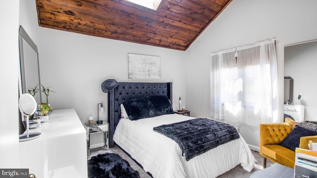 11500 Golden Post Ln, Gaithersburg, MD 20878 - carpeted bedroom featuring lofted ceiling, wood ceiling, baseboards, and a skylight
