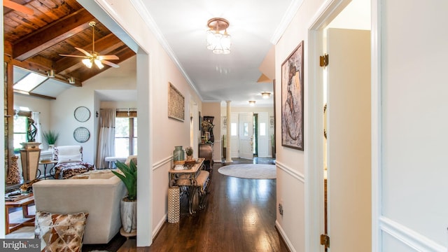 11500 Golden Post Ln, Gaithersburg, MD 20878 - hallway featuring dark wood finished floors, wood ceiling, baseboards, and crown molding