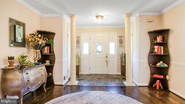 11500 Golden Post Ln, Gaithersburg, MD 20878 - foyer with decorative columns, wood finished floors, crown molding, and baseboards