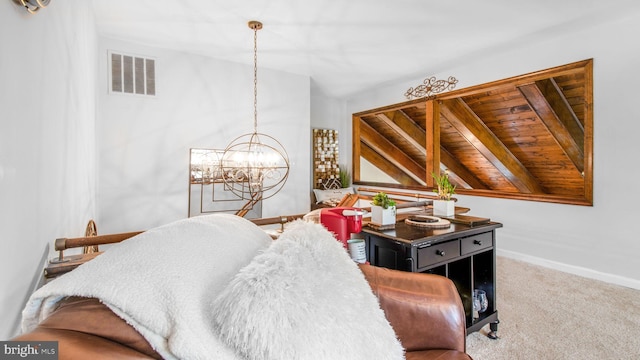 11500 Golden Post Ln, Gaithersburg, MD 20878 - living area featuring a chandelier, carpet floors, baseboards, and vaulted ceiling