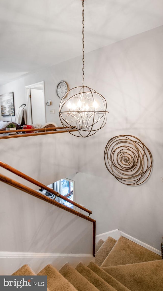 11500 Golden Post Ln, Gaithersburg, MD 20878 - stairs featuring a chandelier, carpet floors, and baseboards