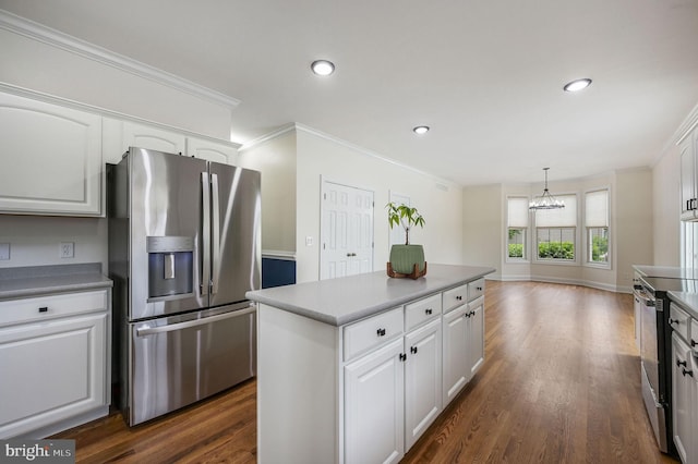 20 Doe Hill Ct, Camden Wyoming, DE 19934 - kitchen featuring stainless steel refrigerator with ice dispenser, range with electric cooktop, ornamental molding, white cabinetry, and dark wood-style flooring