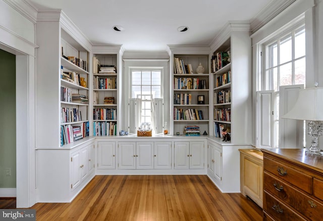 528 E Center Ave, Newtown, PA 18940 - unfurnished room featuring light wood-type flooring, ornamental molding, and built in shelves