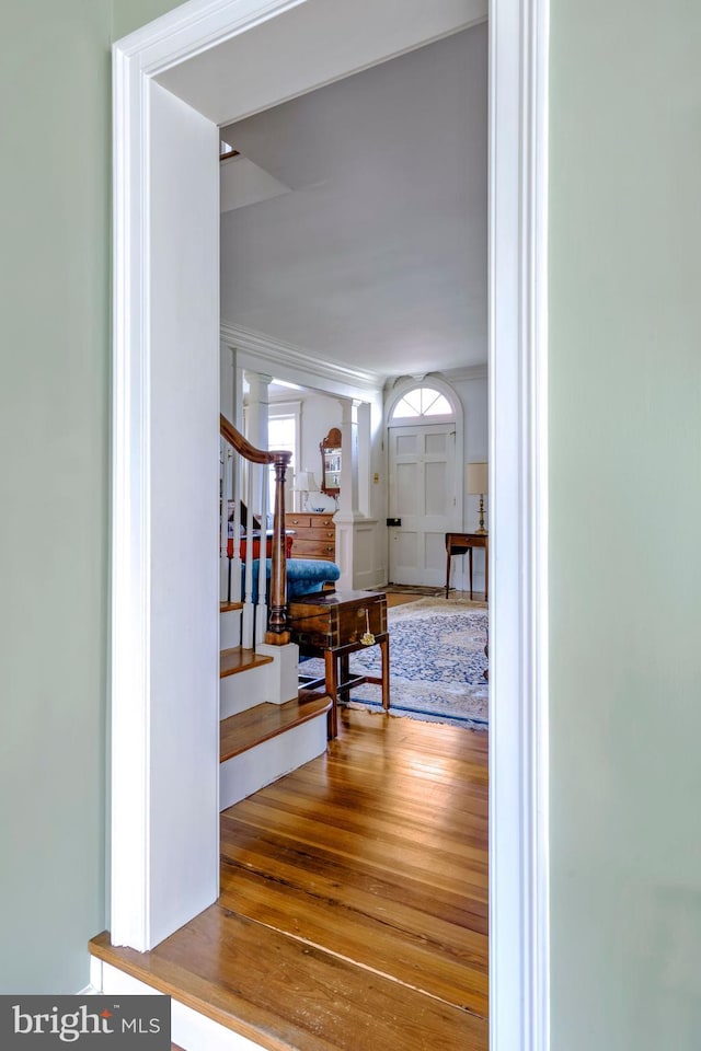 528 E Center Ave, Newtown, PA 18940 - hallway featuring hardwood / wood-style floors, stairway, and ornate columns