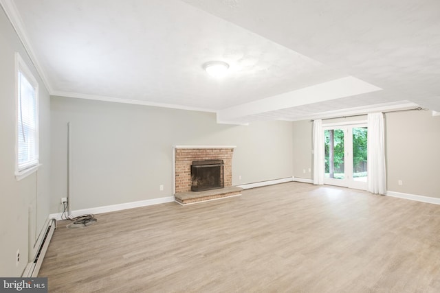 8007 Lewinsville Rd, Mclean, VA 22102 - unfurnished living room featuring light wood-style flooring, ornamental molding, a baseboard heating unit, baseboards, and a fireplace