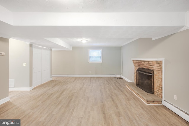 8007 Lewinsville Rd, Mclean, VA 22102 - unfurnished living room featuring baseboard heating, light wood-style floors, a fireplace, a baseboard heating unit, and baseboards