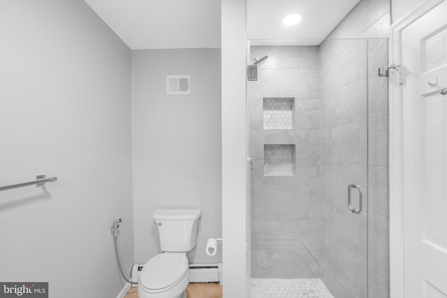 8007 Lewinsville Rd, Mclean, VA 22102 - full bath with a baseboard heating unit, toilet, a shower stall, tile patterned flooring, and baseboards