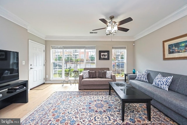 15255 Leicestershire St, Woodbridge, VA 22191 - living area featuring a ceiling fan, light wood-style floors, and crown molding