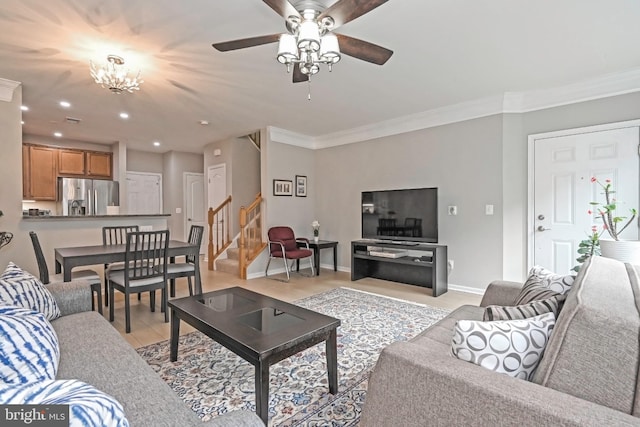15255 Leicestershire St, Woodbridge, VA 22191 - living room with stairway, ornamental molding, a ceiling fan, baseboards, and recessed lighting