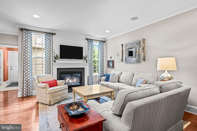1165 Fulling Mill Ln, Haddon Heights, NJ 08035 - living area with crown molding, healthy amount of natural light, a glass covered fireplace, wood finished floors, and recessed lighting