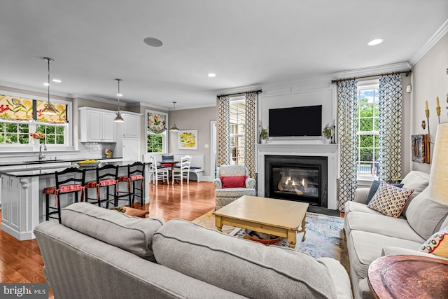 1165 Fulling Mill Ln, Haddon Heights, NJ 08035 - living area with light wood finished floors, ornamental molding, a glass covered fireplace, and recessed lighting