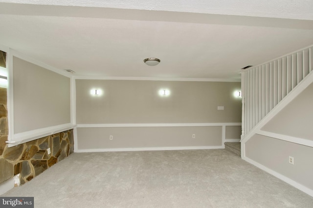 13732 Moccasin Ct, Woodbridge, VA 22193 - basement with carpet flooring, stairway, crown molding, and baseboards