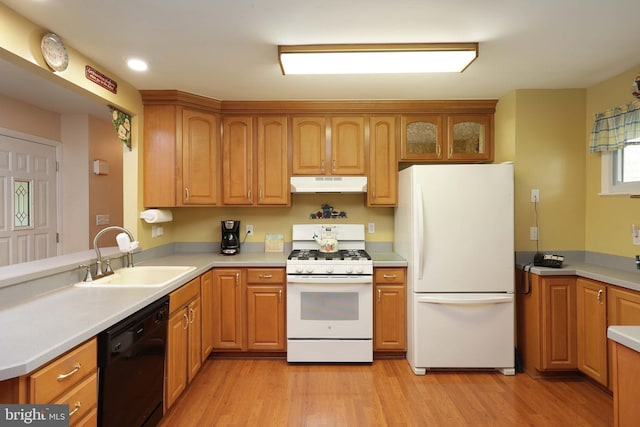 101 Chelsea Ave, Pine Beach, NJ 08741 - kitchen featuring white appliances, under cabinet range hood, a sink, light wood-style floors, and light countertops