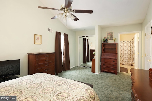 101 Chelsea Ave, Pine Beach, NJ 08741 - carpeted bedroom with vaulted ceiling, a closet, a ceiling fan, baseboards, and ensuite bathroom