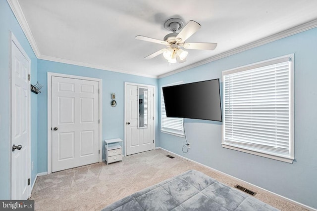 20429 Ambassador Ter Unit 20429, Germantown, MD 20874 - carpeted bedroom featuring crown molding, baseboards, multiple windows, and ceiling fan