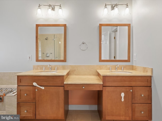 2642 Logan Wood Dr, Herndon, VA 20171 - full bath featuring a stall shower, two vanities, and tile patterned flooring