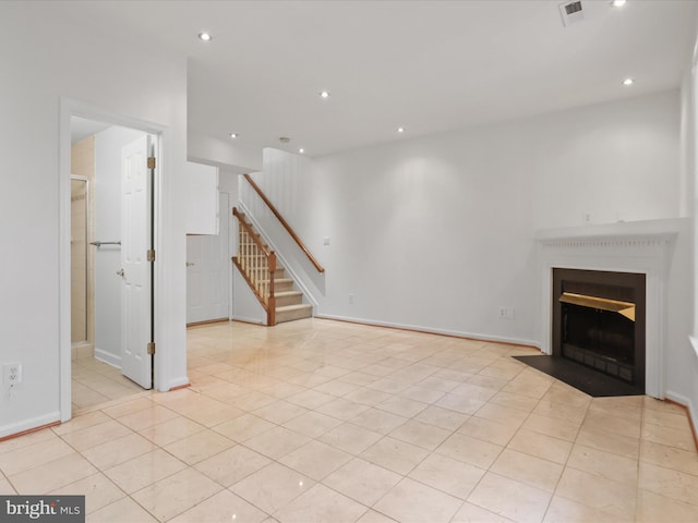 2642 Logan Wood Dr, Herndon, VA 20171 - unfurnished living room featuring stairway, light tile patterned flooring, a fireplace with flush hearth, baseboards, and recessed lighting