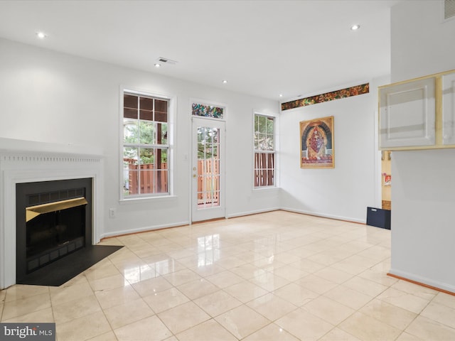 2642 Logan Wood Dr, Herndon, VA 20171 - unfurnished living room featuring a fireplace with flush hearth, tile patterned flooring, recessed lighting, and baseboards