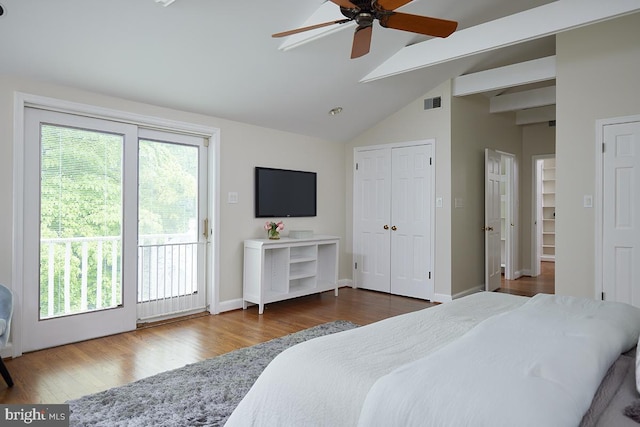 5403 Center St, Chevy Chase, MD 20815 - bedroom featuring wood finished floors, baseboards, high vaulted ceiling, and ceiling fan