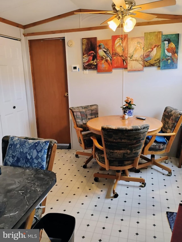 9080 Gold Finch Ct, Hebron, MD 21830 - dining area featuring light flooring, lofted ceiling, and ceiling fan