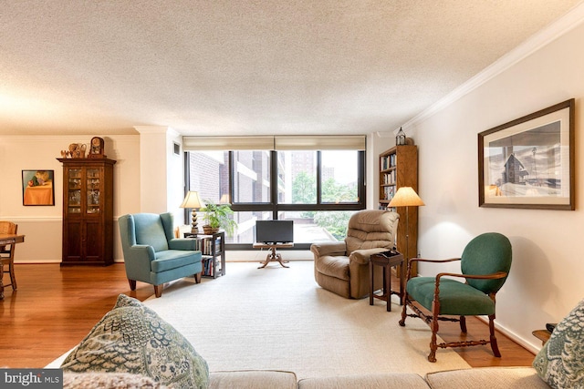 4100 N Charles St Unit 203, Baltimore, MD 21218 - living room with ornamental molding, a textured ceiling, wood finished floors, and baseboards