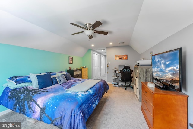 25 N 12th St, Del Haven, NJ 08251 - bedroom with vaulted ceiling, an office area, light carpet, baseboards, and a ceiling fan