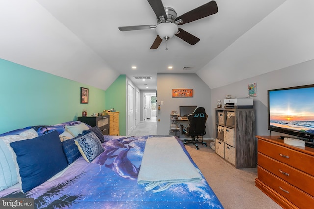 25 N 12th St, Del Haven, NJ 08251 - bedroom featuring lofted ceiling, a desk, light carpet, and ceiling fan