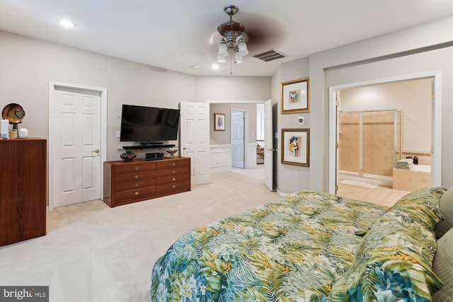 47666 Paulsen Sq, Potomac Falls, VA 20165 - bedroom with light colored carpet, recessed lighting, connected bathroom, and ceiling fan