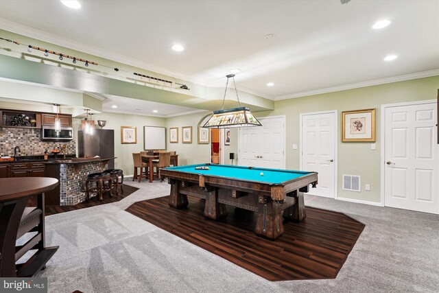 47666 Paulsen Sq, Potomac Falls, VA 20165 - recreation room with bar with sink, carpet, crown molding, billiards, and recessed lighting