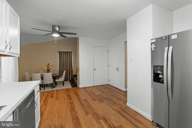 6 E Saxony Dr, New Castle, DE 19720 - kitchen featuring stainless steel appliances, a ceiling fan, white cabinetry, light wood finished floors, and lofted ceiling