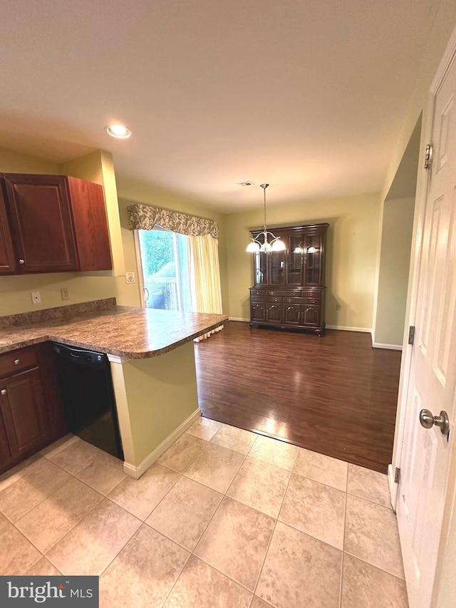413 Park View Dr, Harrisburg, PA 17110 - kitchen with dishwasher, a peninsula, recessed lighting, baseboards, and dark brown cabinetry