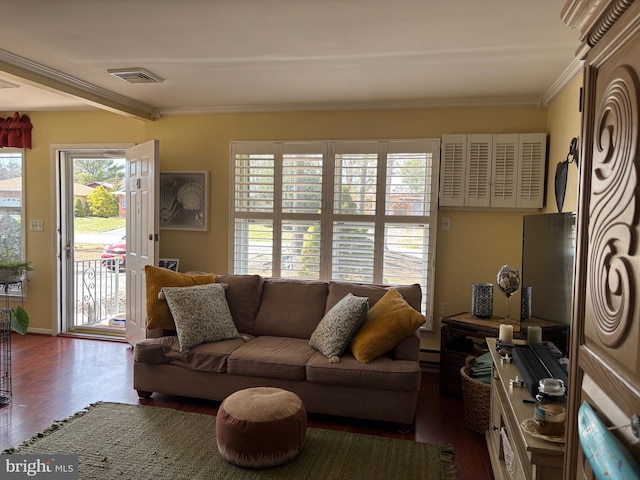 43 Magnolia Rd, Manahawkin, NJ 08050 - living room featuring ornamental molding, wood finished floors, baseboard heating, and baseboards