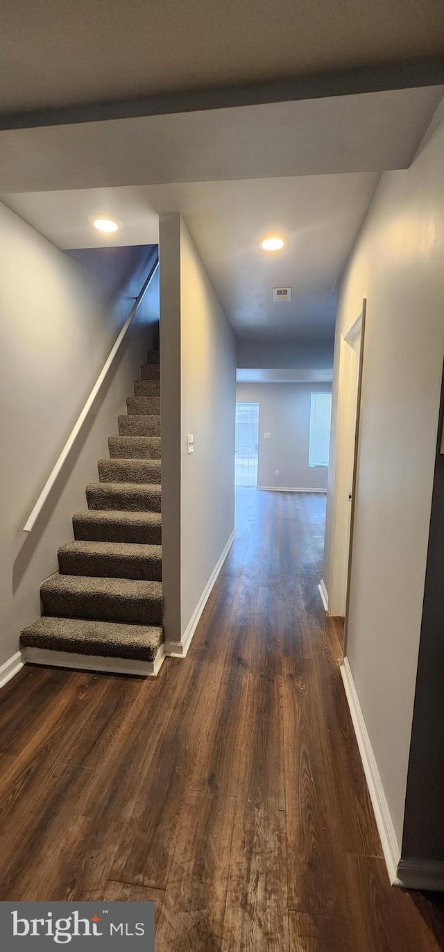 538 Mcmechen St, Baltimore, MD 21217 - hall with wood finished floors, stairs, baseboards, and recessed lighting