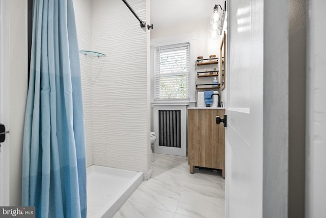 27 E Groveland Ave, Somers Point, NJ 08244 - full bath with a stall shower, toilet, marble finish floors, and radiator