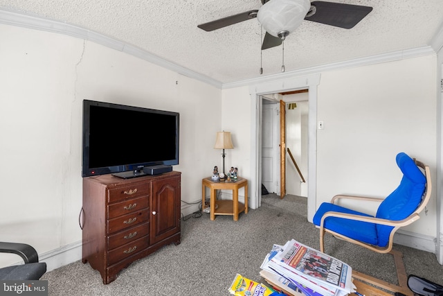 27 E Groveland Ave, Somers Point, NJ 08244 - sitting room featuring ornamental molding, ceiling fan, an upstairs landing, carpet flooring, and a textured ceiling